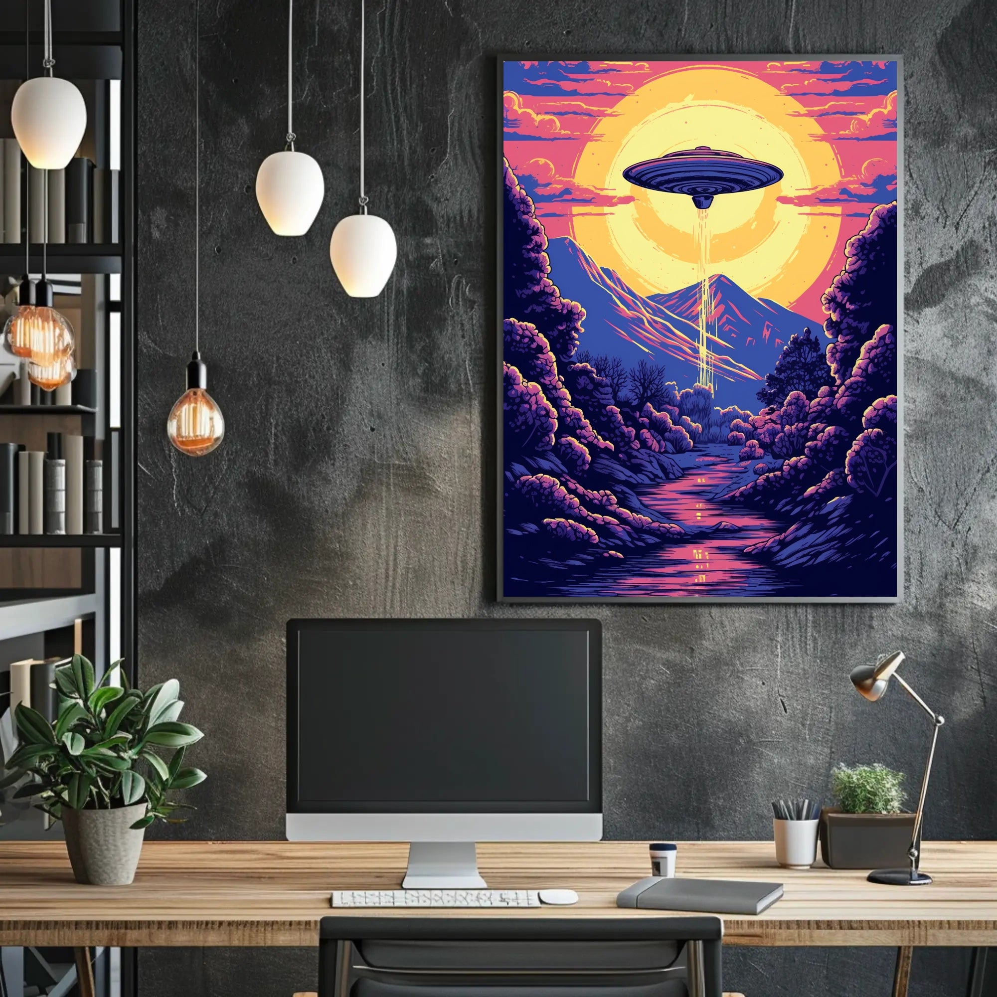 "Alien Encounter at Dusk" Poster showcases a stunning UFO scene, perfect for decor lovers seeking adventure.