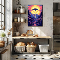 "Alien Encounter at Dusk" Poster brightens decor, showcasing vibrant scenery and a whimsical UFO in a cozy kitchen setting.