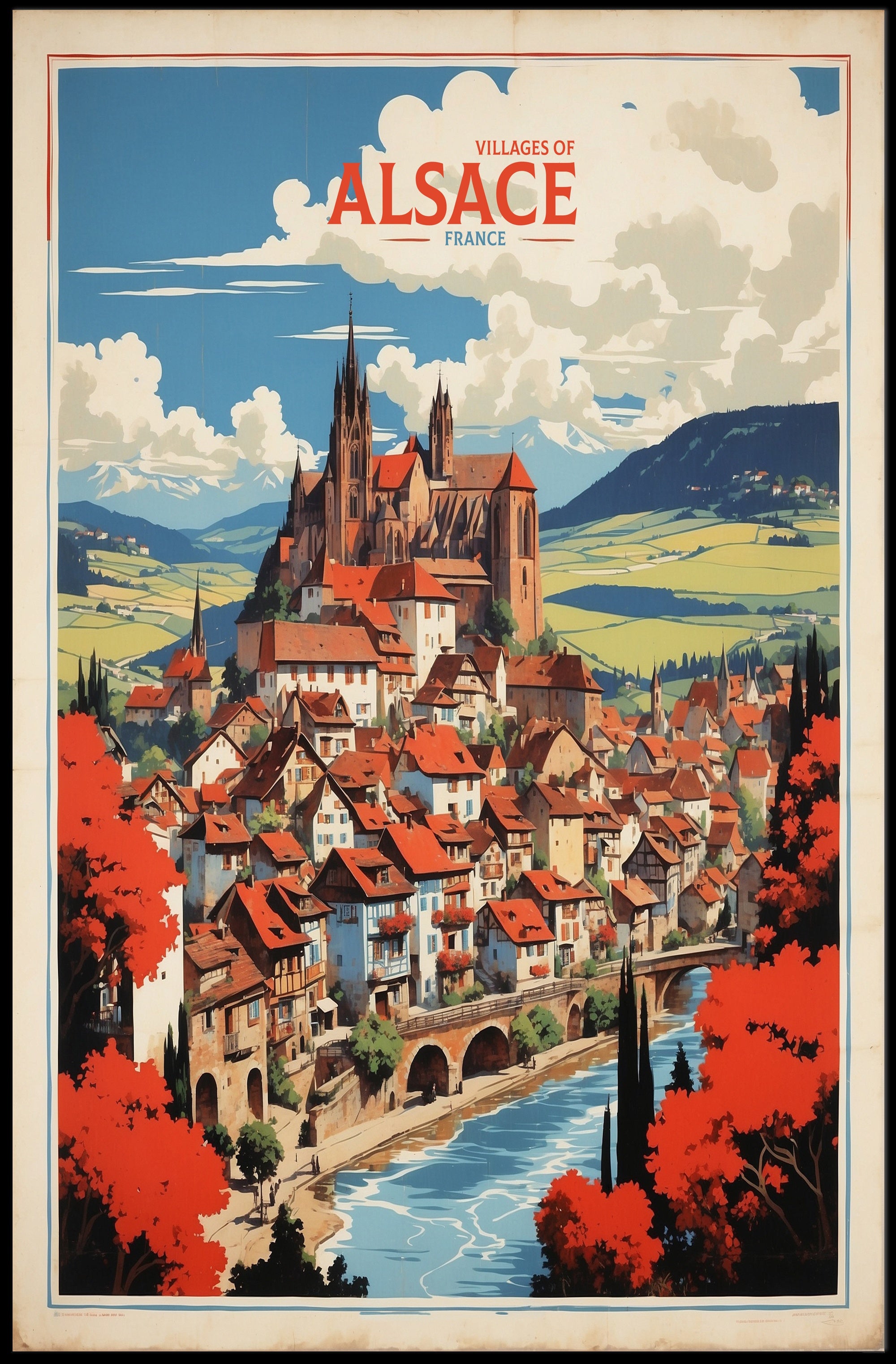 Alsace Village Scene Medieval Church Travel Poster PosterGoat
