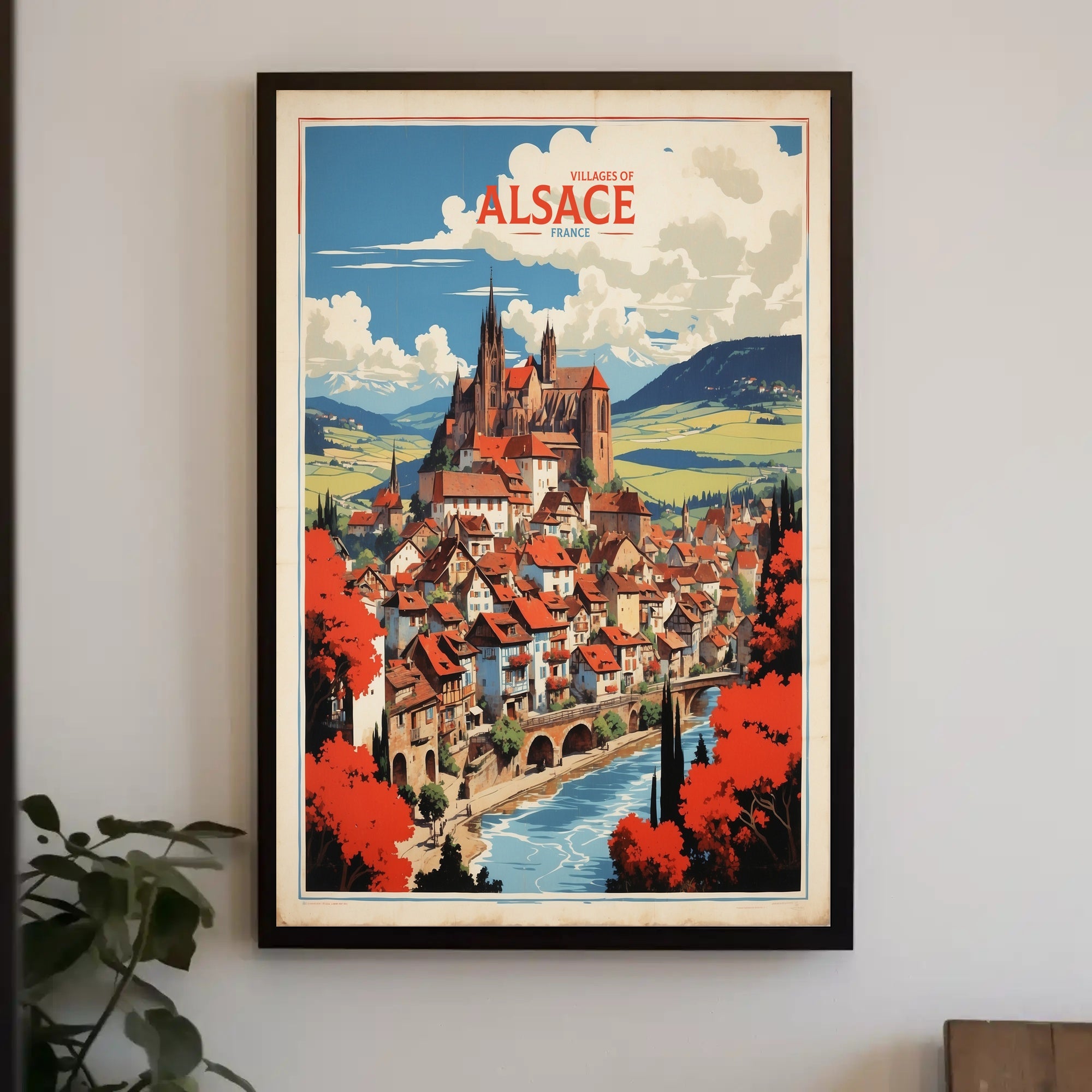 Alsace Village Scene Medieval Church Travel Poster PosterGoat
