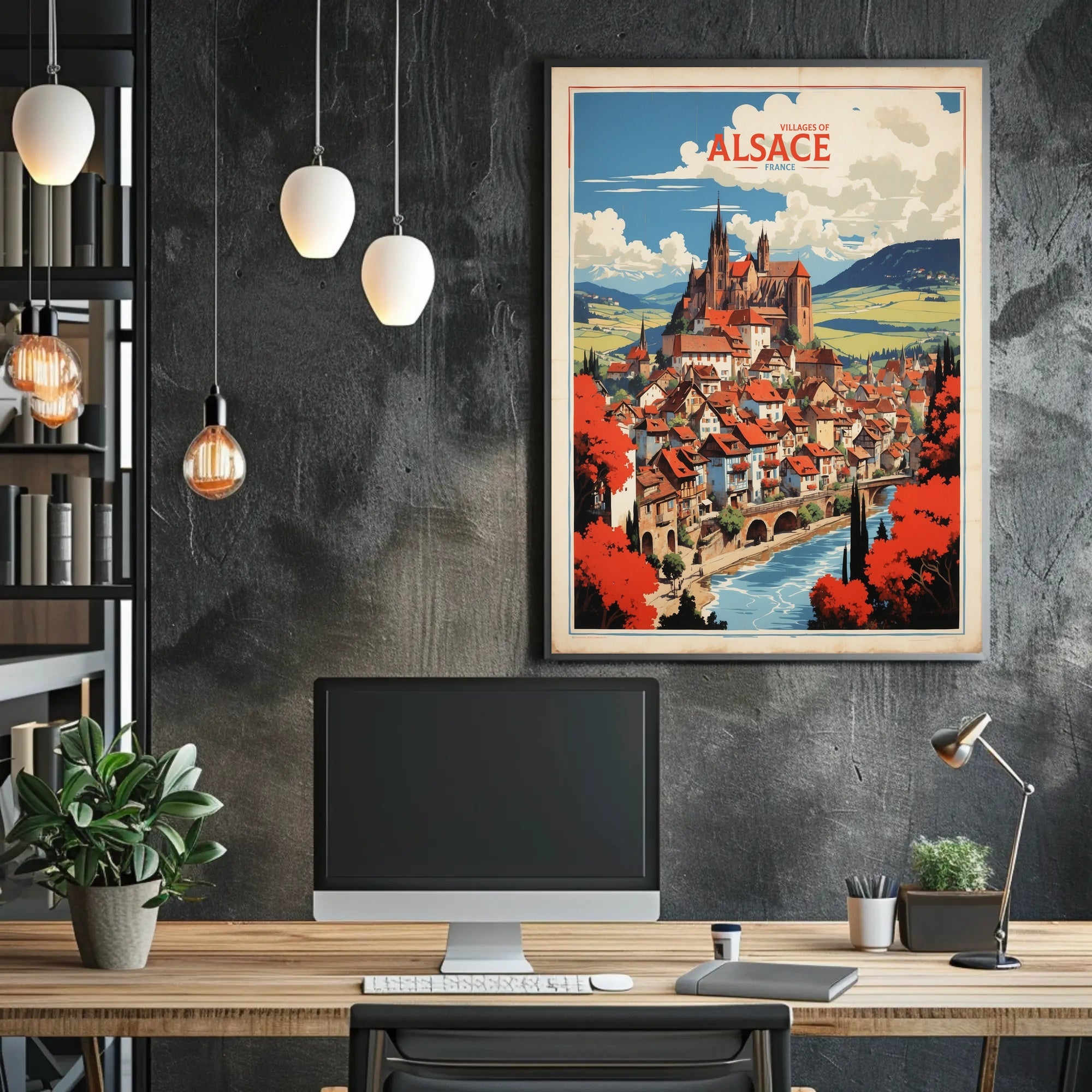 Alsace Village Scene Medieval Church Travel Poster PosterGoat