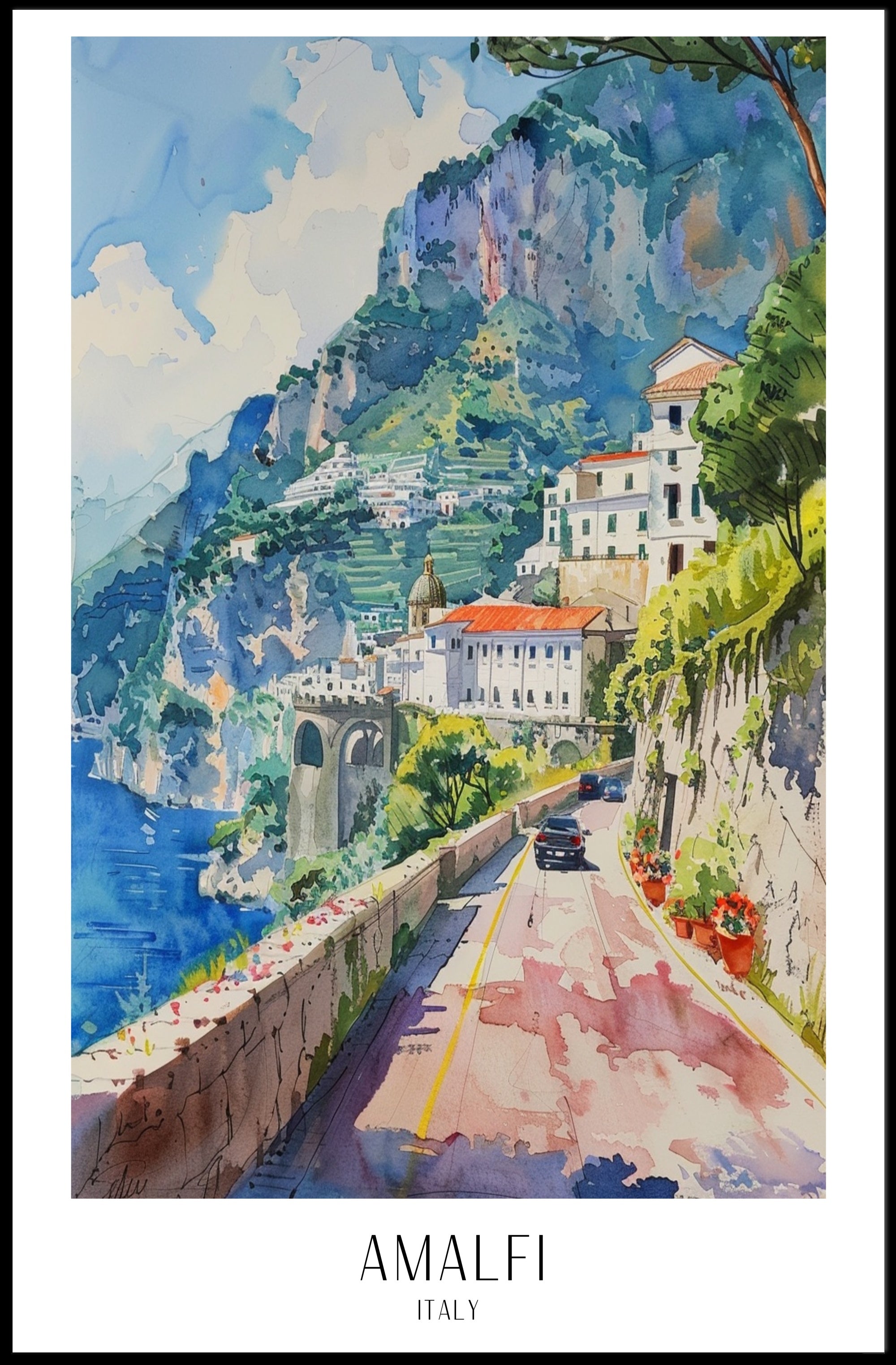 Amalfi Coast Watercolor Art Travel Poster PosterGoat