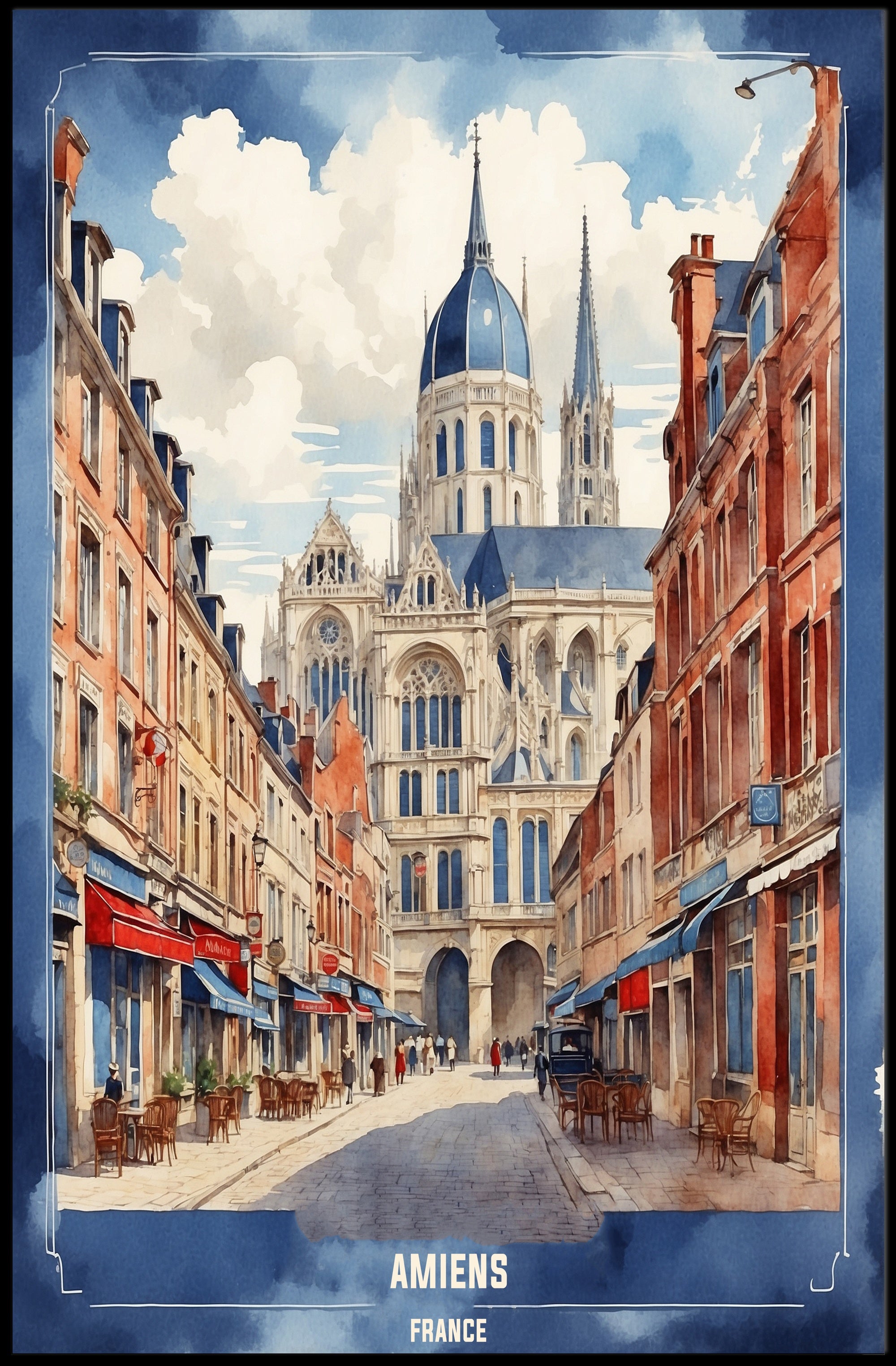 Amiens Cathedral Watercolor Art Print - Urban Cityscape Poster PosterGoat