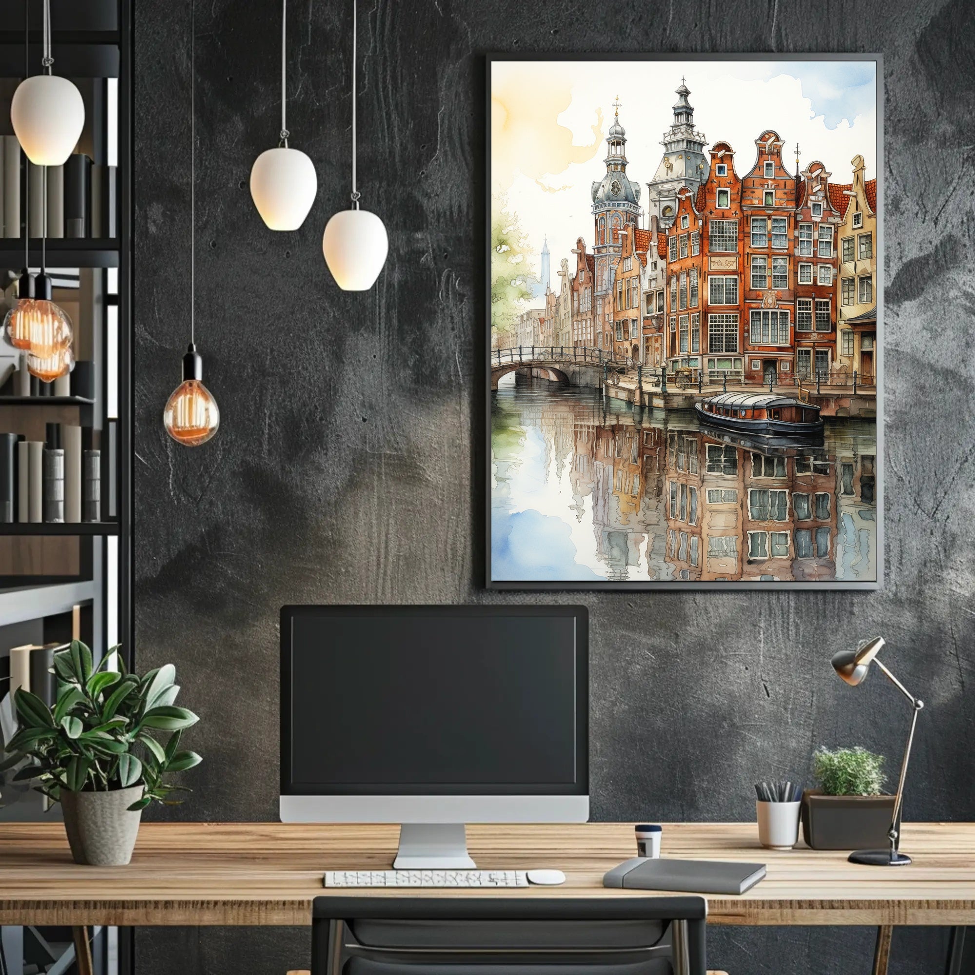 Amsterdam Canal Cityscape Watercolor Travel Poster PosterGoat