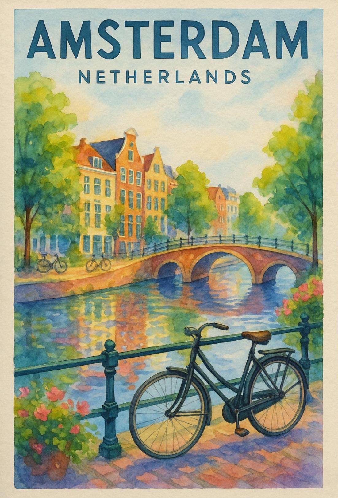 Amsterdam Canal Scene Watercolor Travel Poster PosterGoat