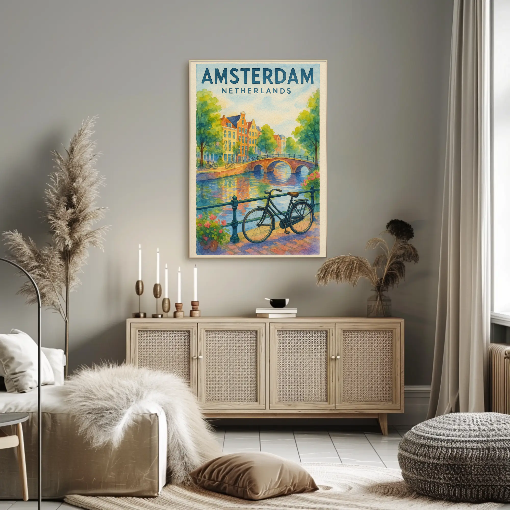 Amsterdam Canal Scene Watercolor Travel Poster PosterGoat