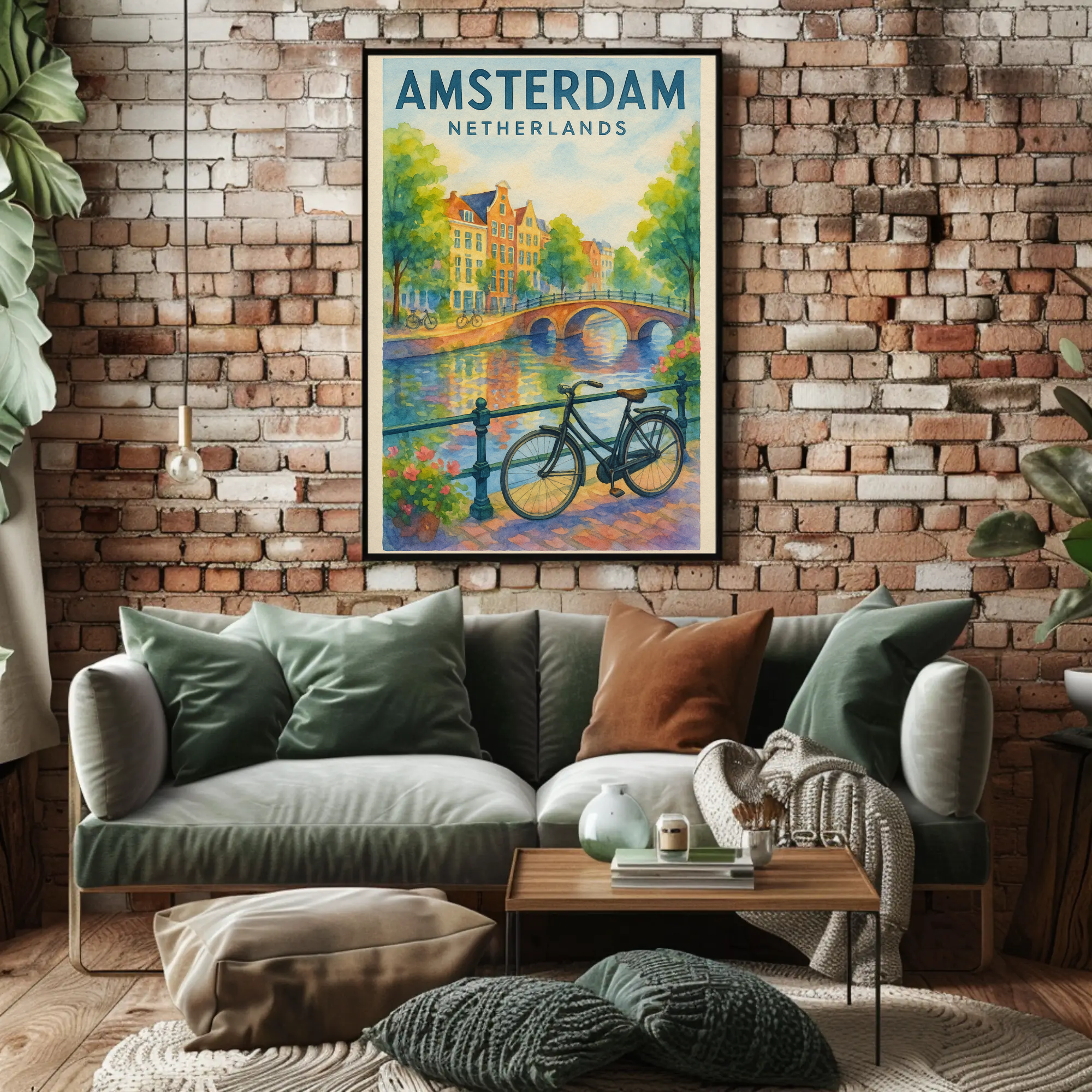 Amsterdam Canal Scene Watercolor Travel Poster PosterGoat