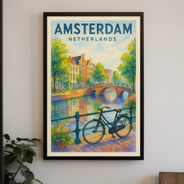 Amsterdam Canal Scene Watercolor Travel Poster PosterGoat