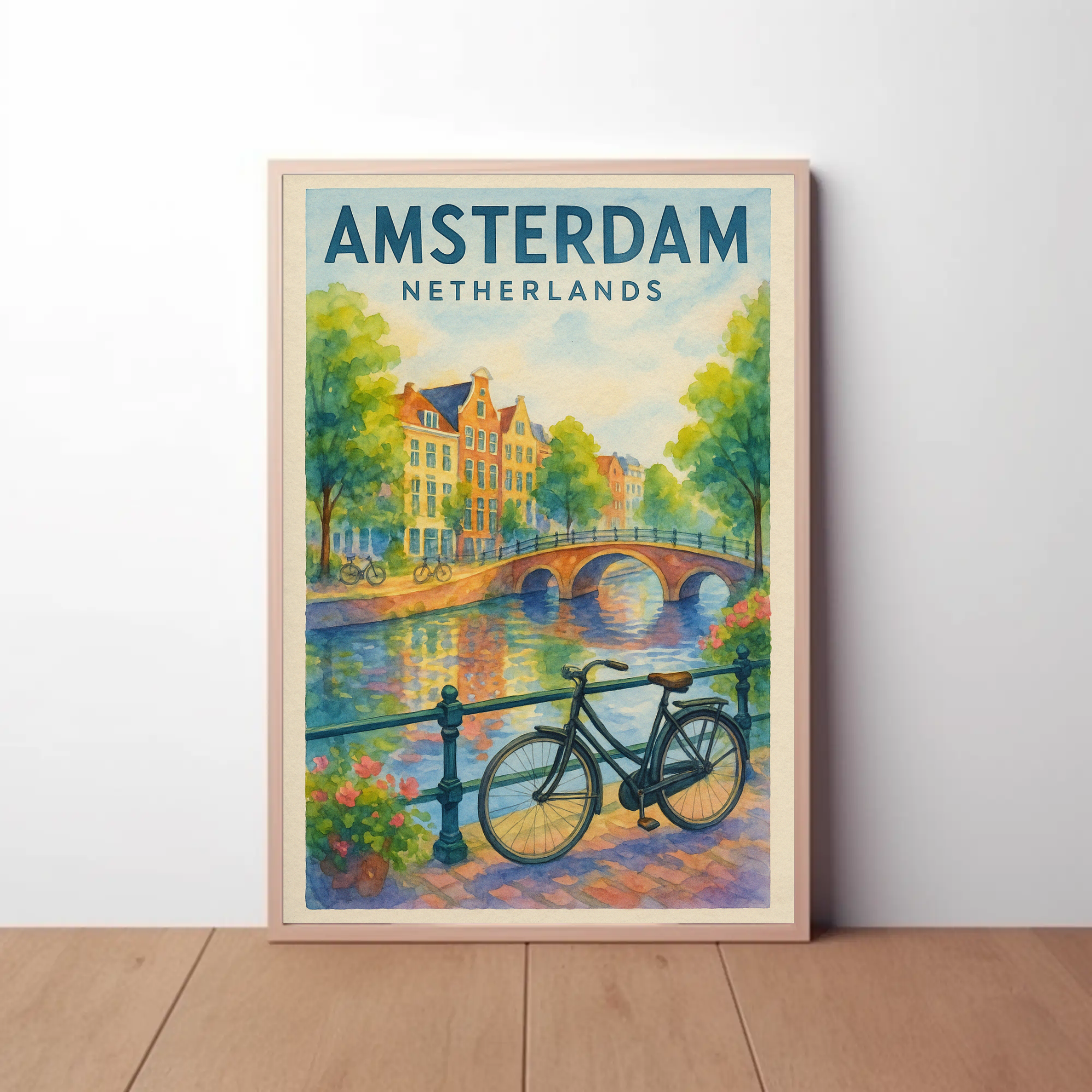 Amsterdam Canal Scene Watercolor Travel Poster PosterGoat