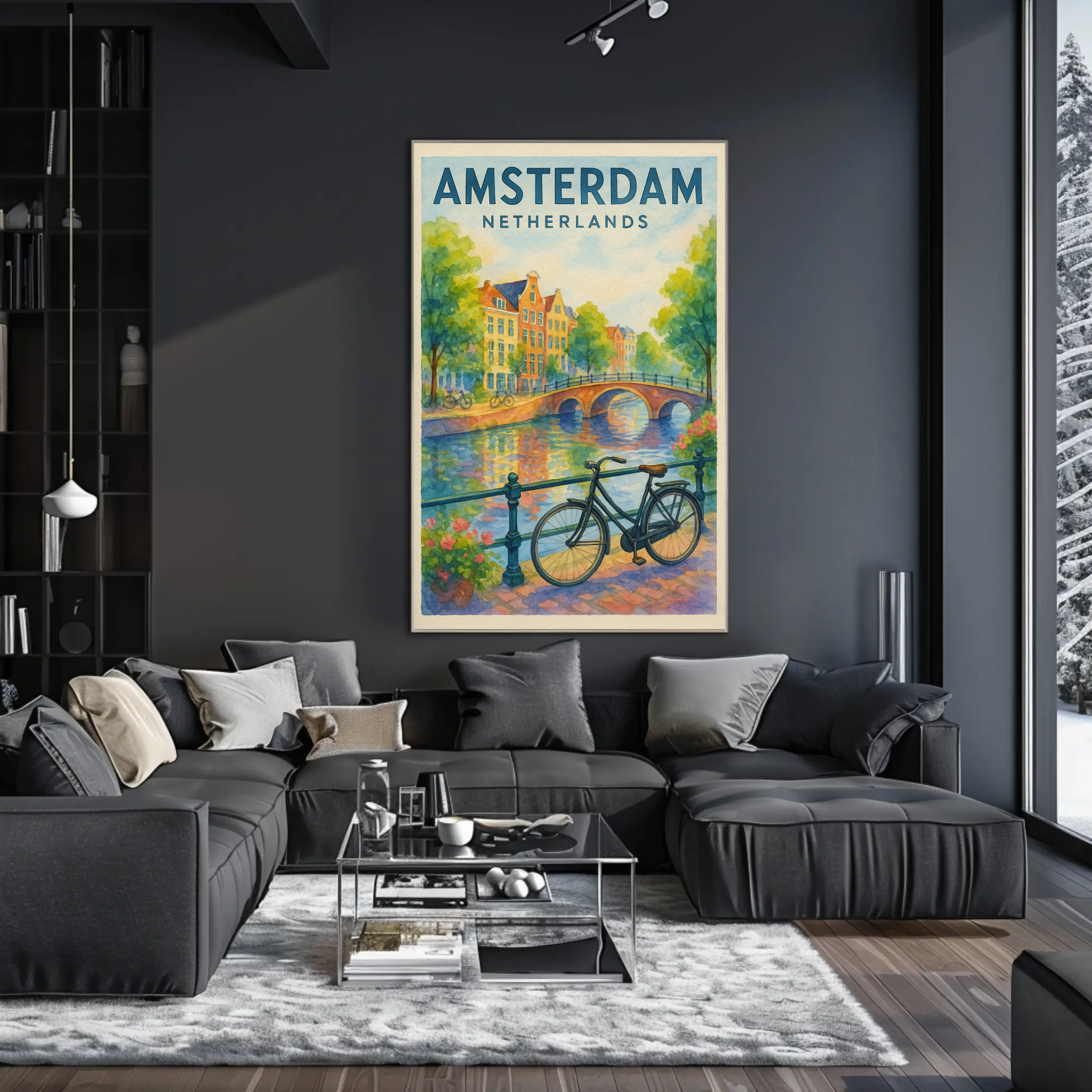 Amsterdam Canal Scene Watercolor Travel Poster PosterGoat