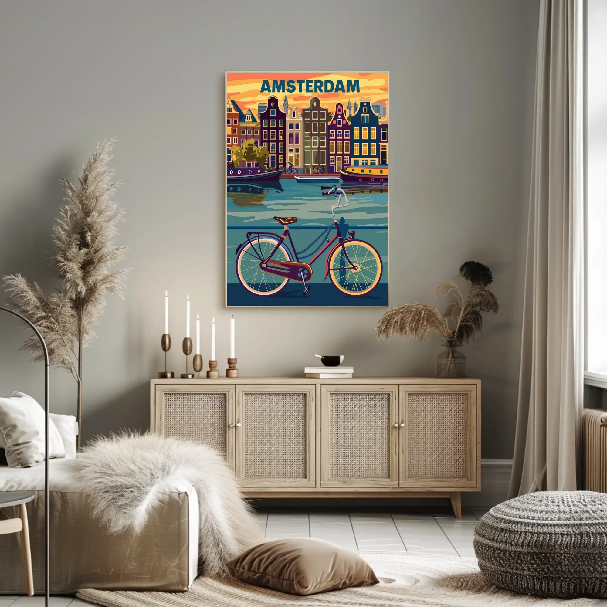 Amsterdam Canals and Bicycle Urban Cityscape Poster PosterGoat