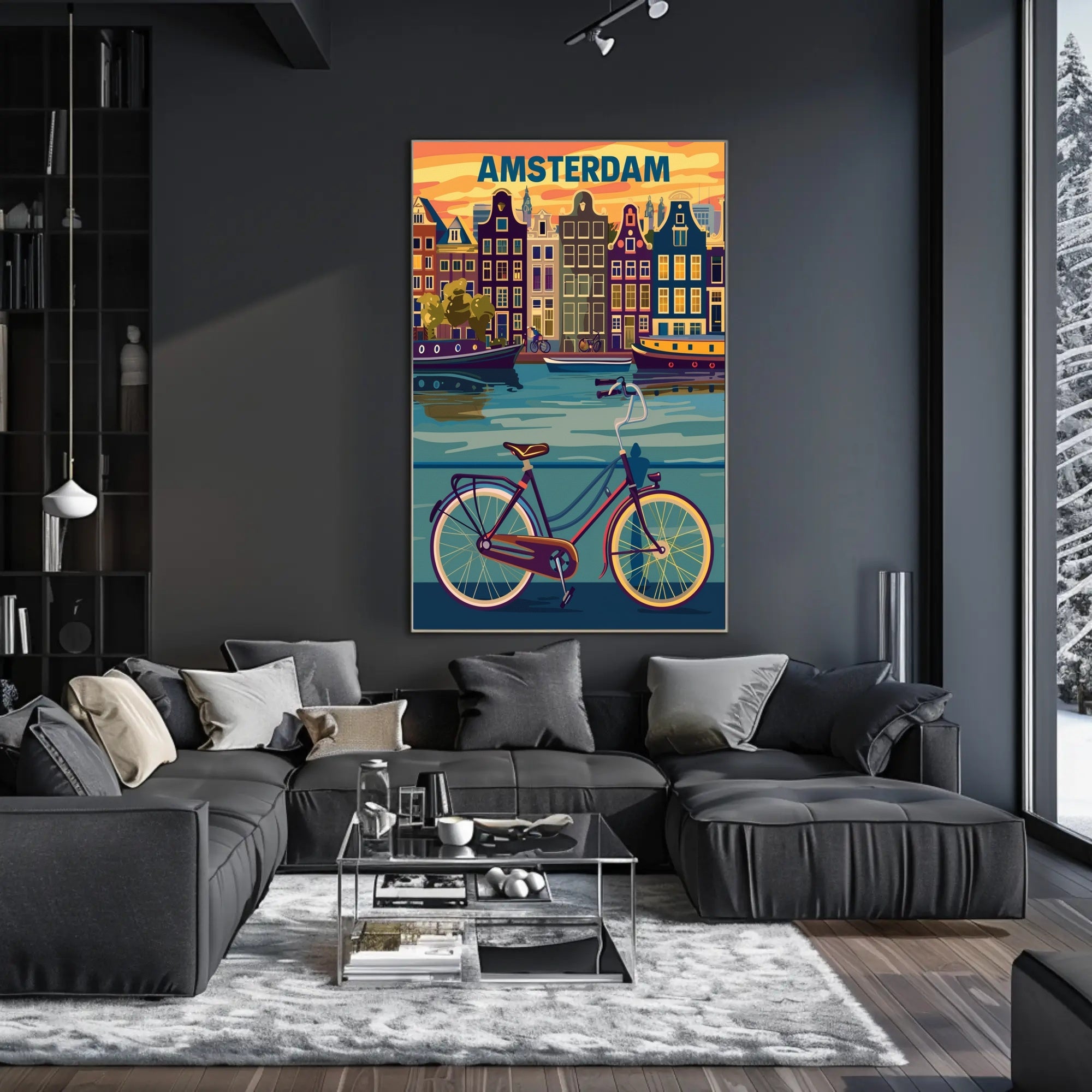 Amsterdam Canals and Bicycle Urban Cityscape Poster PosterGoat