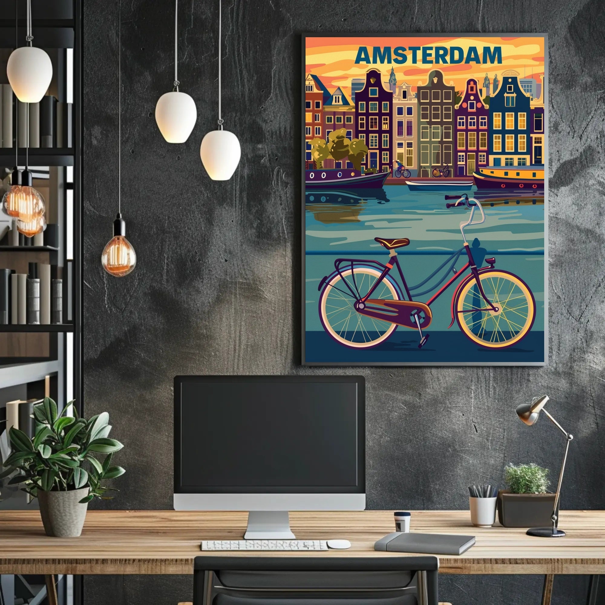 Amsterdam Canals and Bicycle Urban Cityscape Poster PosterGoat
