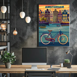 Amsterdam Canals and Bicycle Urban Cityscape Poster PosterGoat