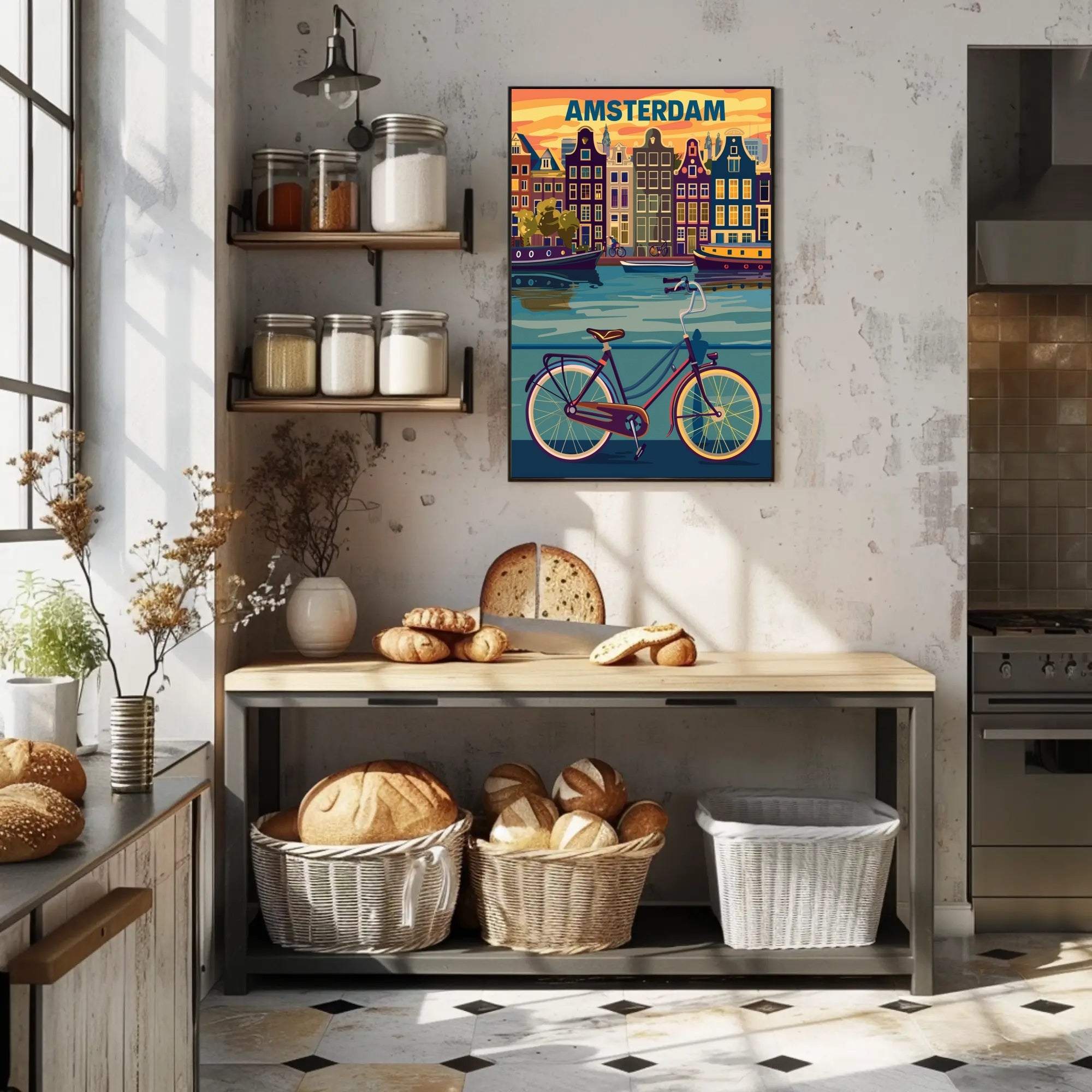 Amsterdam Canals and Bicycle Urban Cityscape Poster PosterGoat