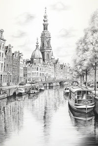 Amsterdam Inspired Canal Scene Monochrome Illustration Travel Poster PosterGoat