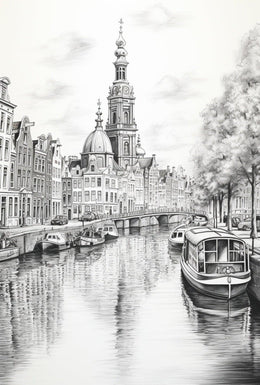 Amsterdam Inspired Canal Scene Monochrome Illustration Travel Poster PosterGoat