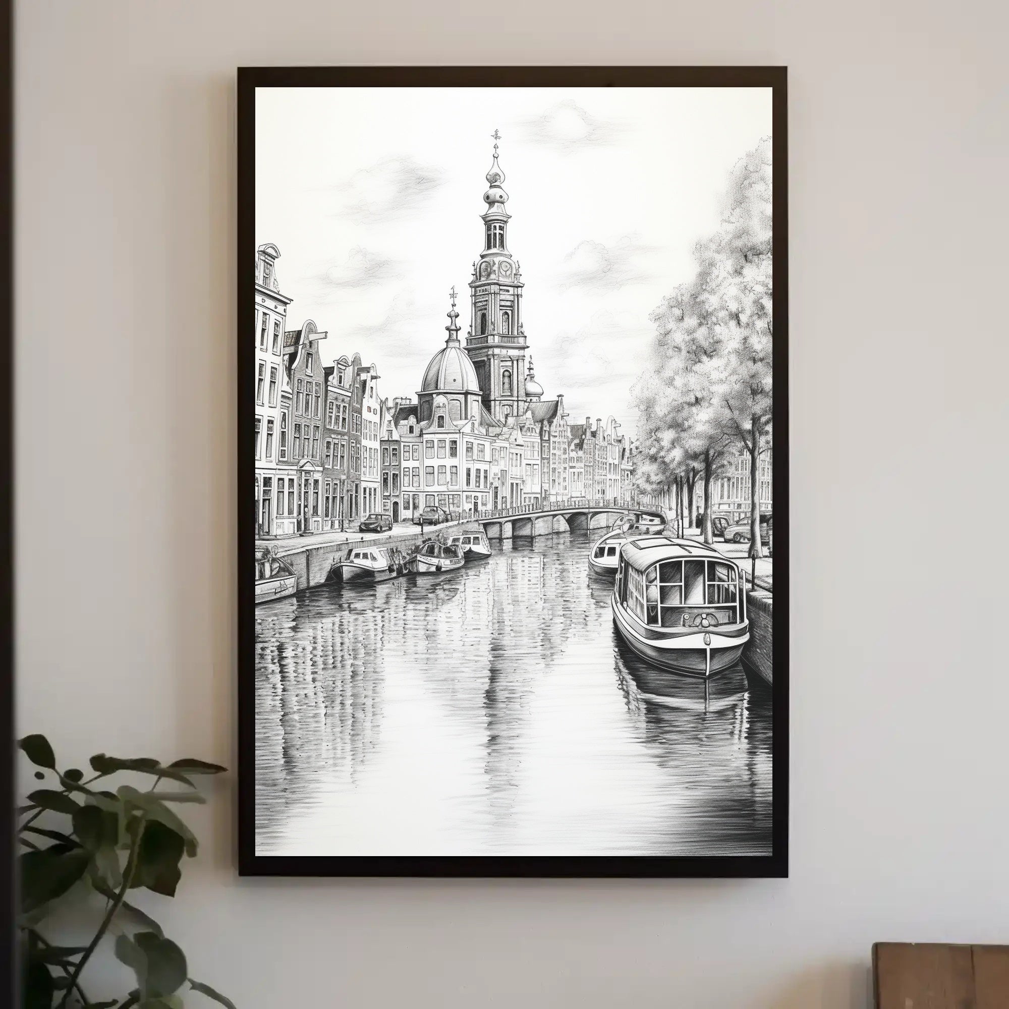 Amsterdam Inspired Canal Scene Monochrome Illustration Travel Poster PosterGoat