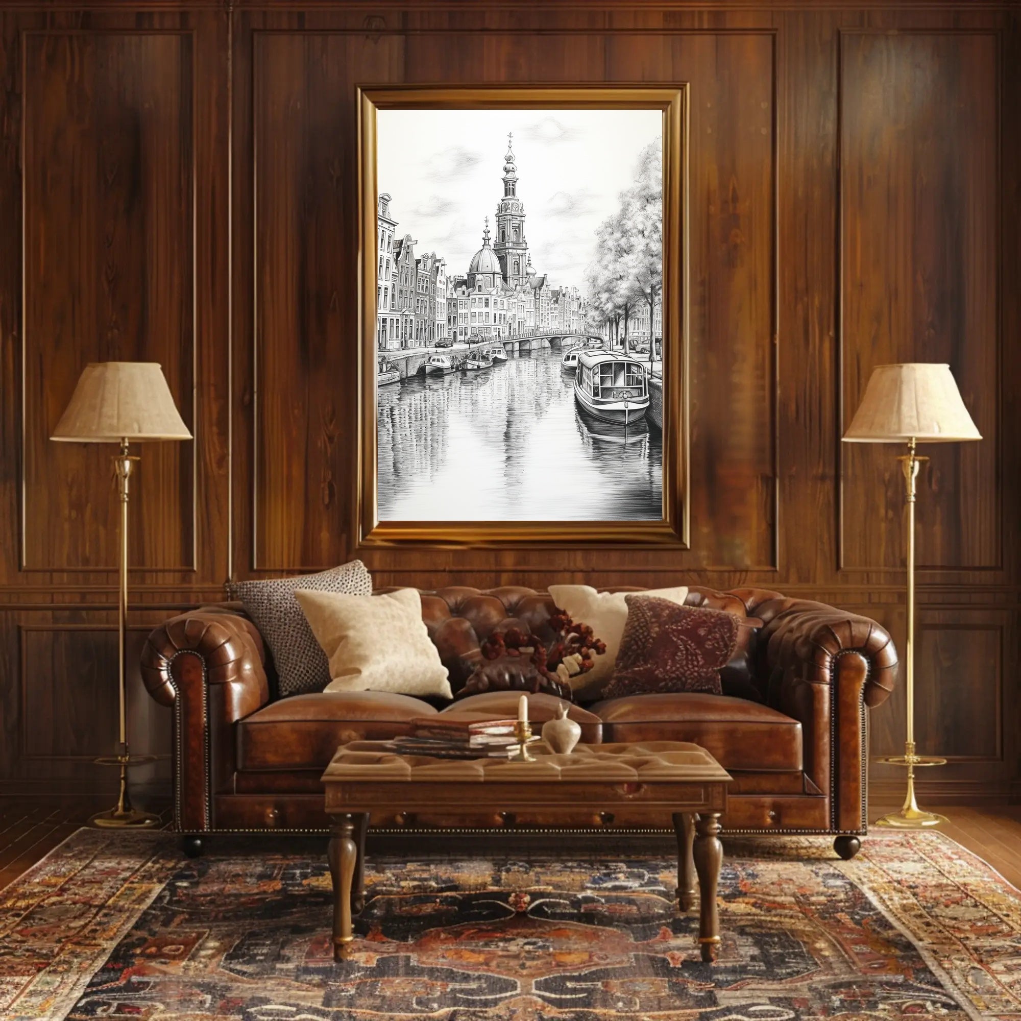 Amsterdam Inspired Canal Scene Monochrome Illustration Travel Poster PosterGoat
