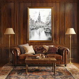 Amsterdam Inspired Canal Scene Monochrome Illustration Travel Poster PosterGoat