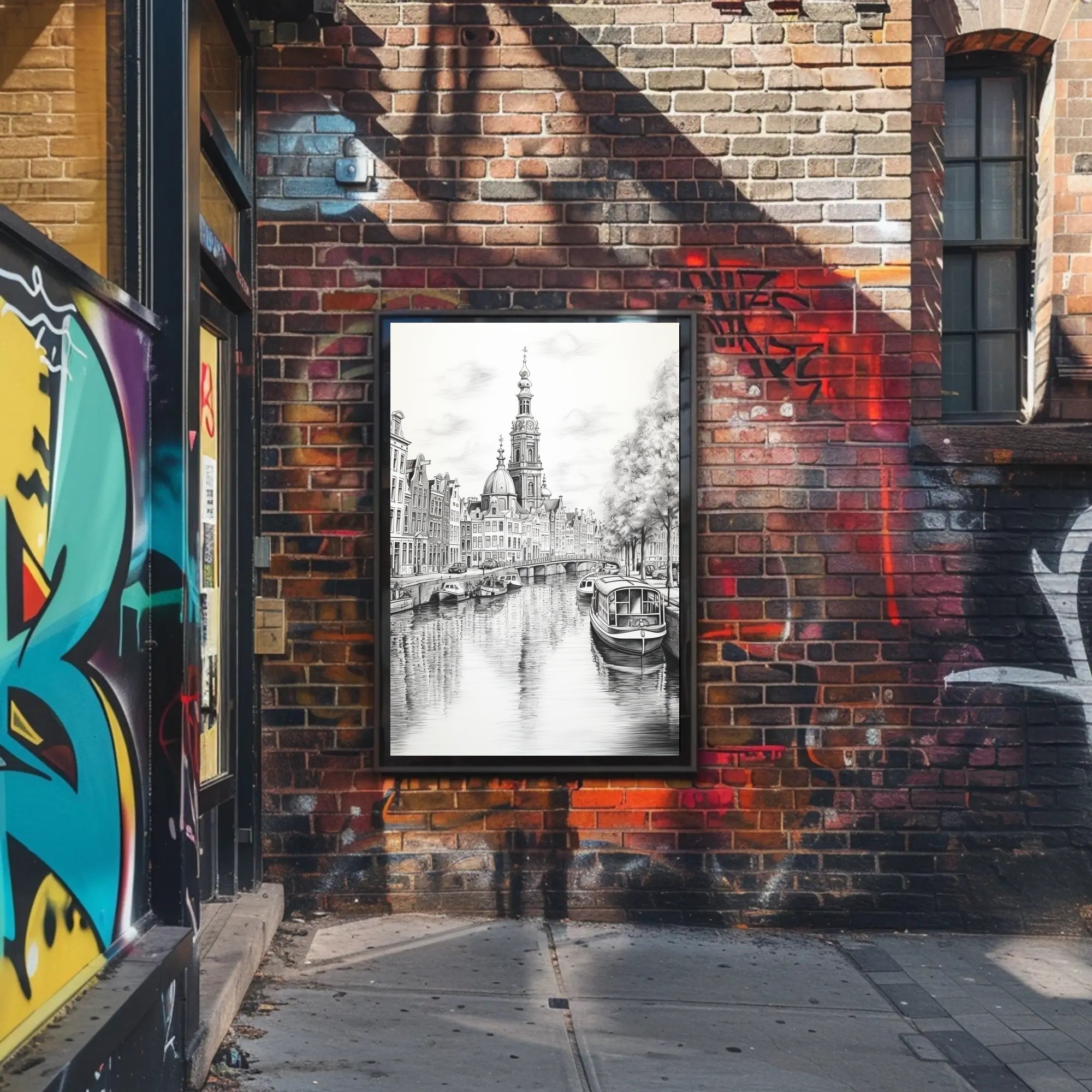 Amsterdam Inspired Canal Scene Monochrome Illustration Travel Poster PosterGoat