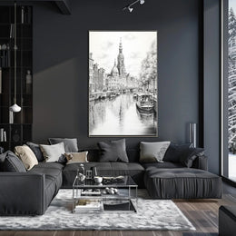 Amsterdam Inspired Canal Scene Monochrome Illustration Travel Poster PosterGoat