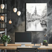 Amsterdam Inspired Canal Scene Monochrome Illustration Travel Poster PosterGoat