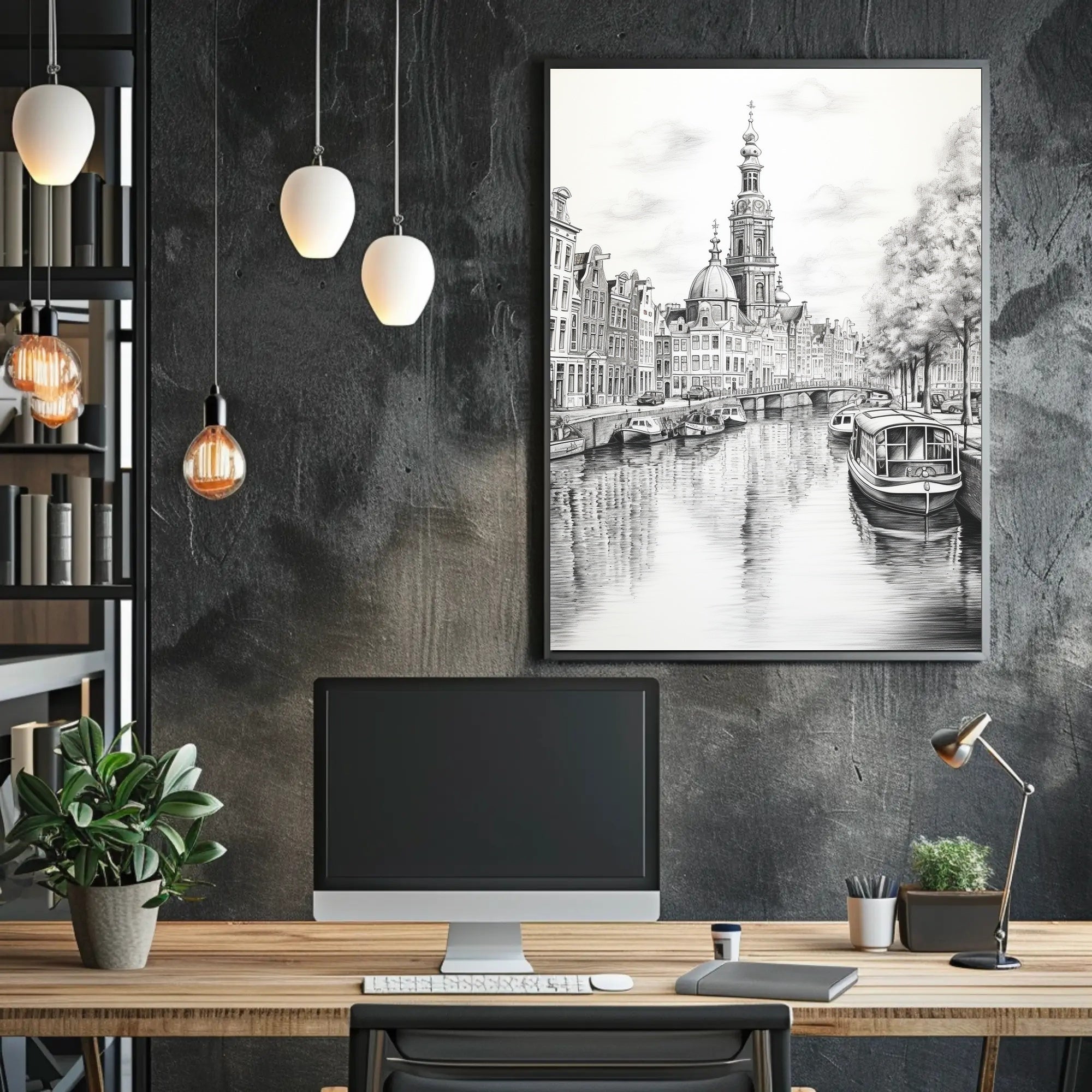Amsterdam Inspired Canal Scene Monochrome Illustration Travel Poster PosterGoat