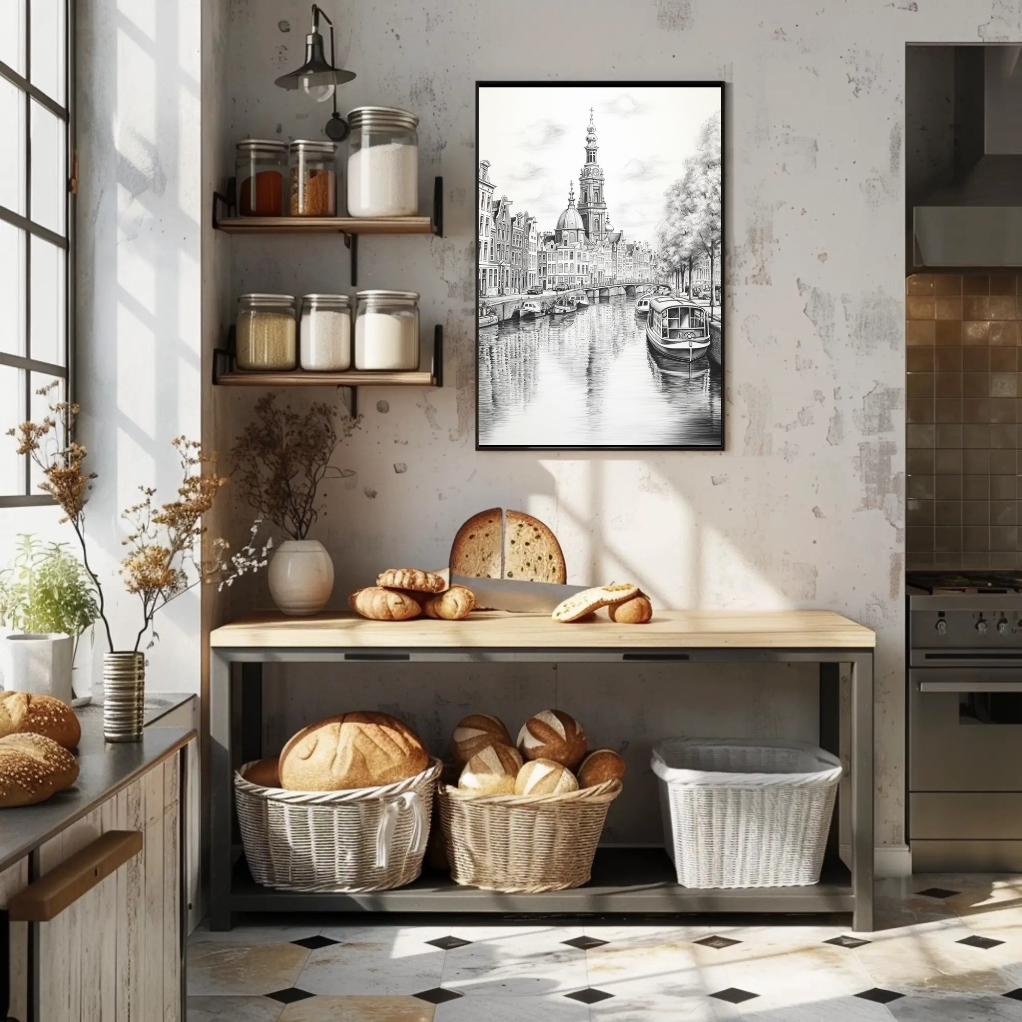 Amsterdam Inspired Canal Scene Monochrome Illustration Travel Poster PosterGoat