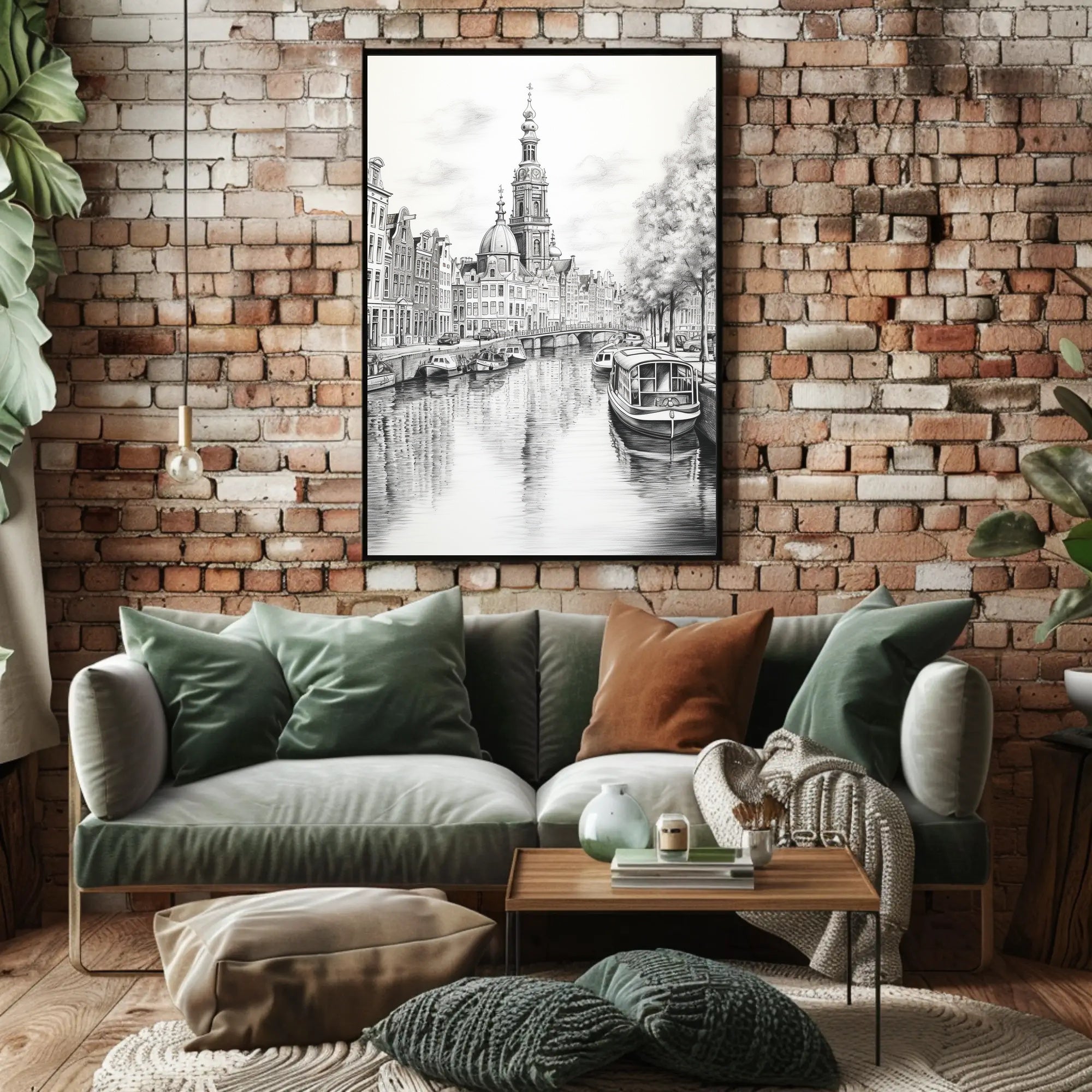 Amsterdam Inspired Canal Scene Monochrome Illustration Travel Poster PosterGoat