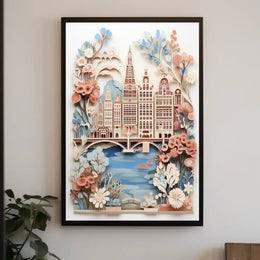 Amsterdam-Inspired Cityscape with Butterflies Art Poster PosterGoat