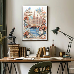 Amsterdam-Inspired Cityscape with Butterflies Art Poster PosterGoat