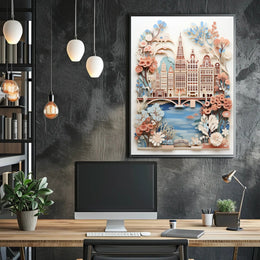 Amsterdam-Inspired Cityscape with Butterflies Art Poster PosterGoat