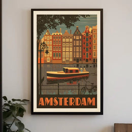 Amsterdam Vintage Travel Poster Depicting Retro Canal Scene PosterGoat