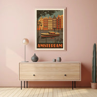 Amsterdam Vintage Travel Poster Depicting Retro Canal Scene PosterGoat