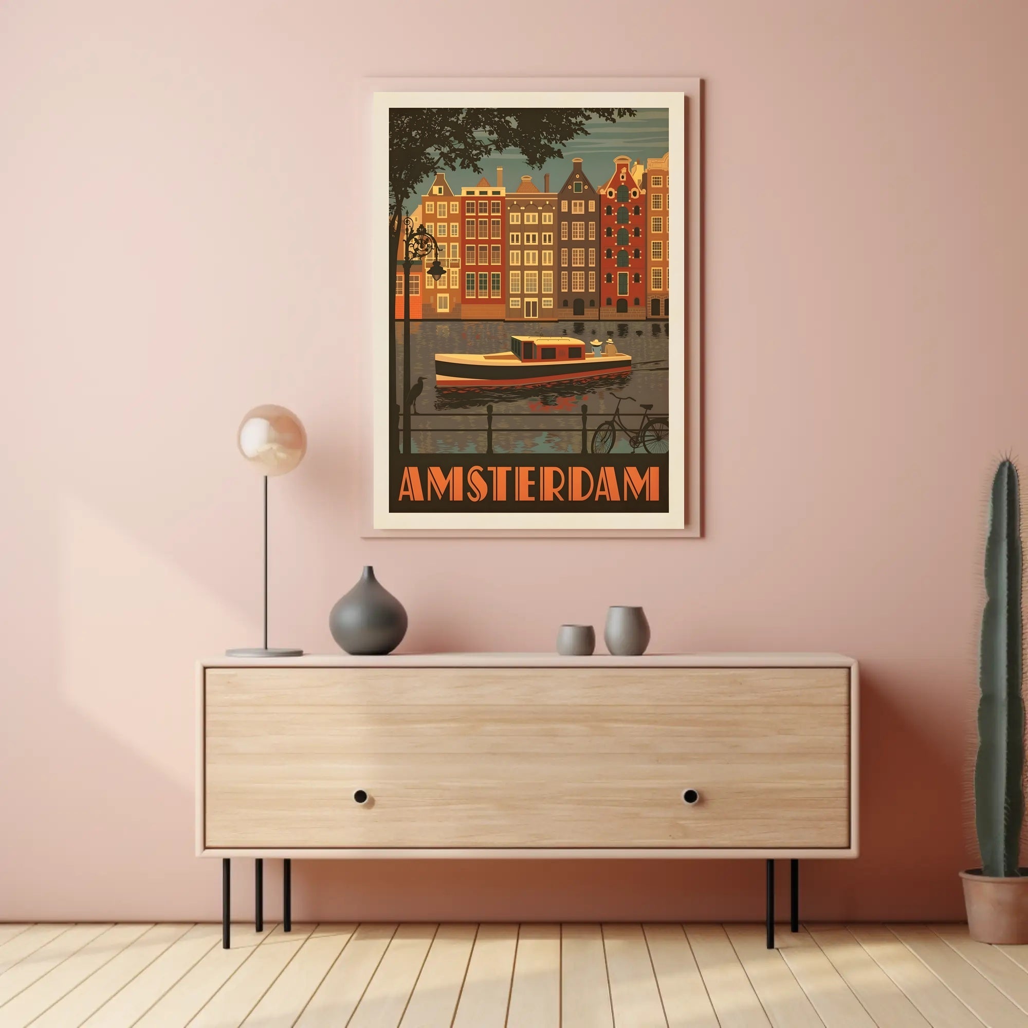 Amsterdam Vintage Travel Poster Depicting Retro Canal Scene PosterGoat