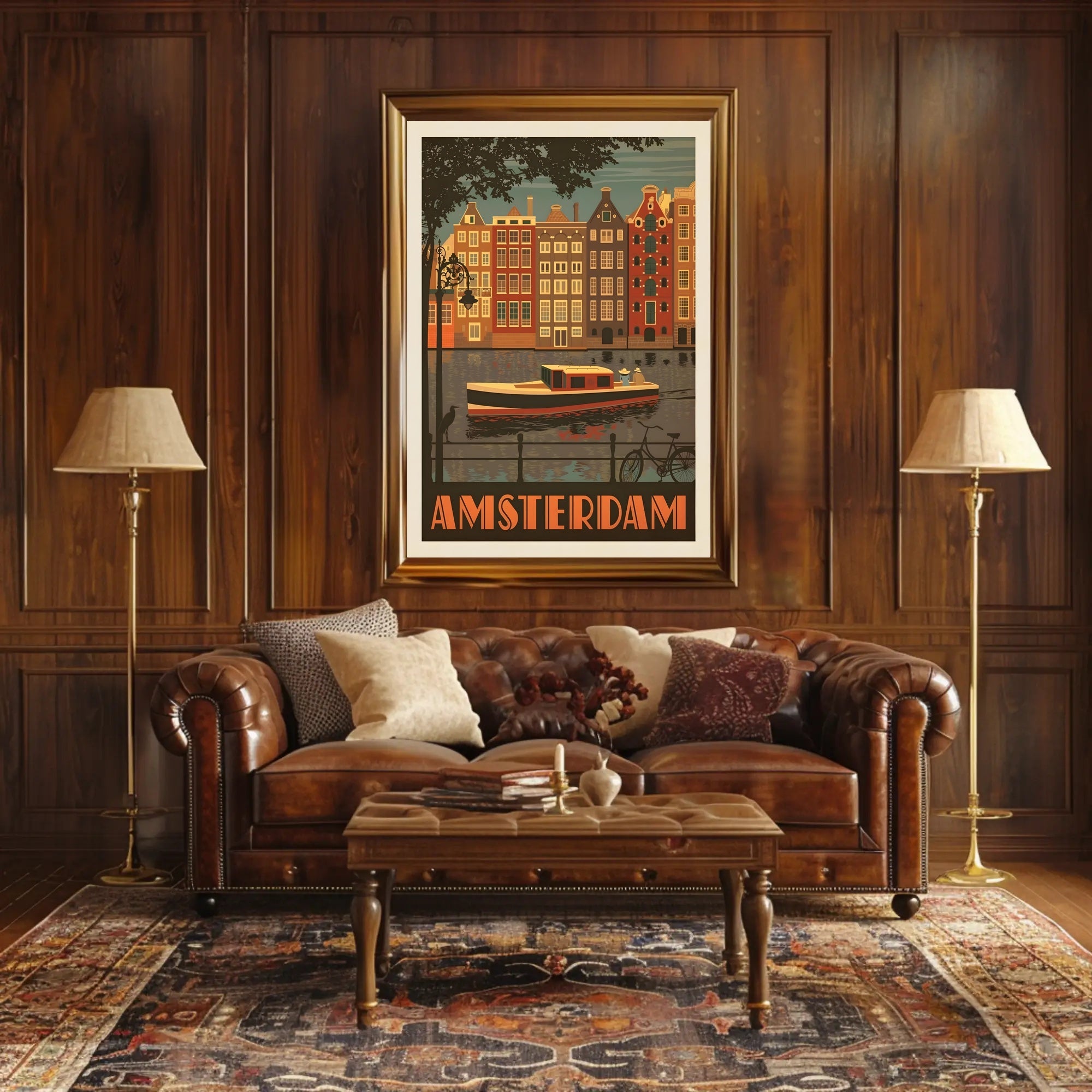 Amsterdam Vintage Travel Poster Depicting Retro Canal Scene PosterGoat