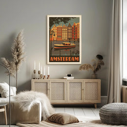 Amsterdam Vintage Travel Poster Depicting Retro Canal Scene PosterGoat