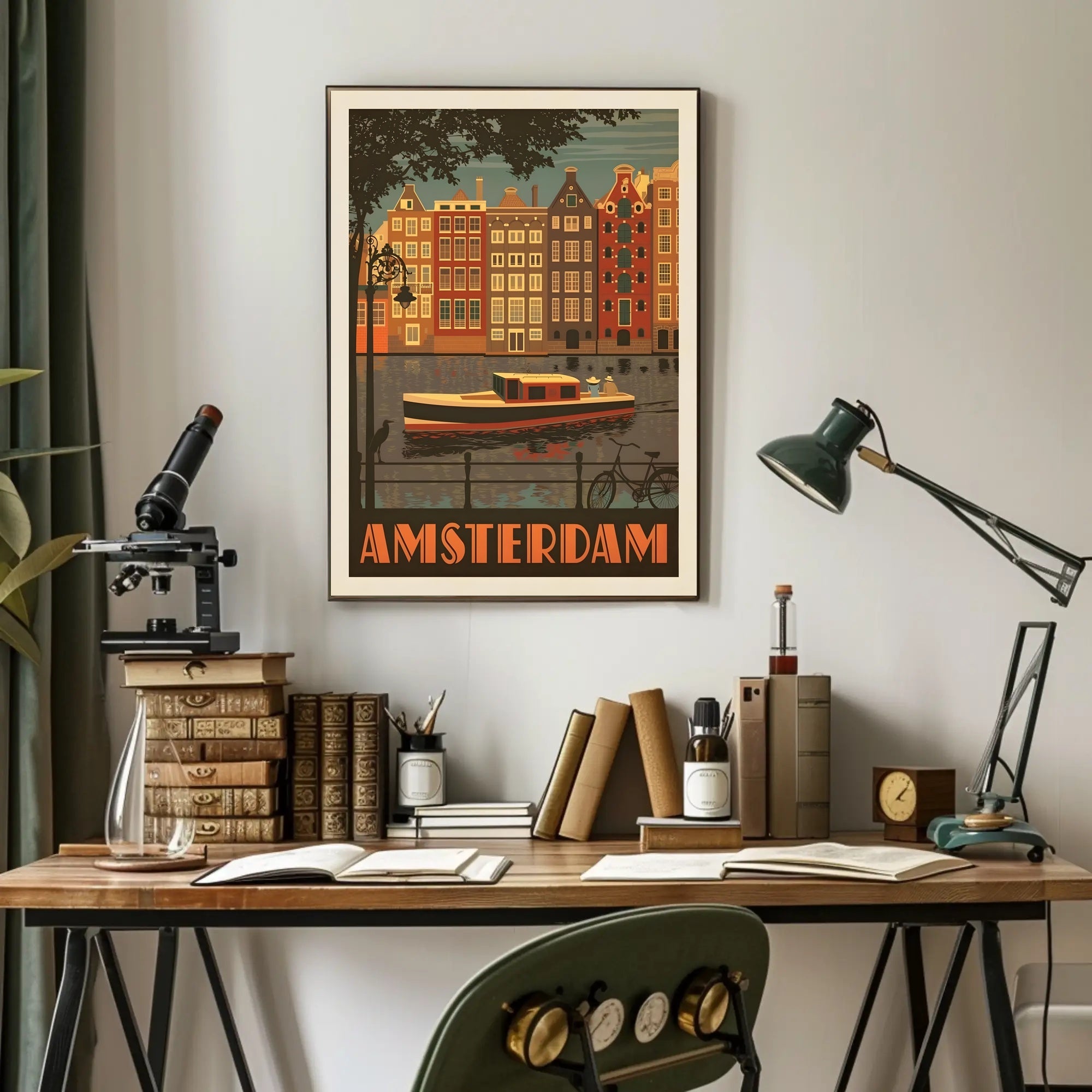 Amsterdam Vintage Travel Poster Depicting Retro Canal Scene PosterGoat