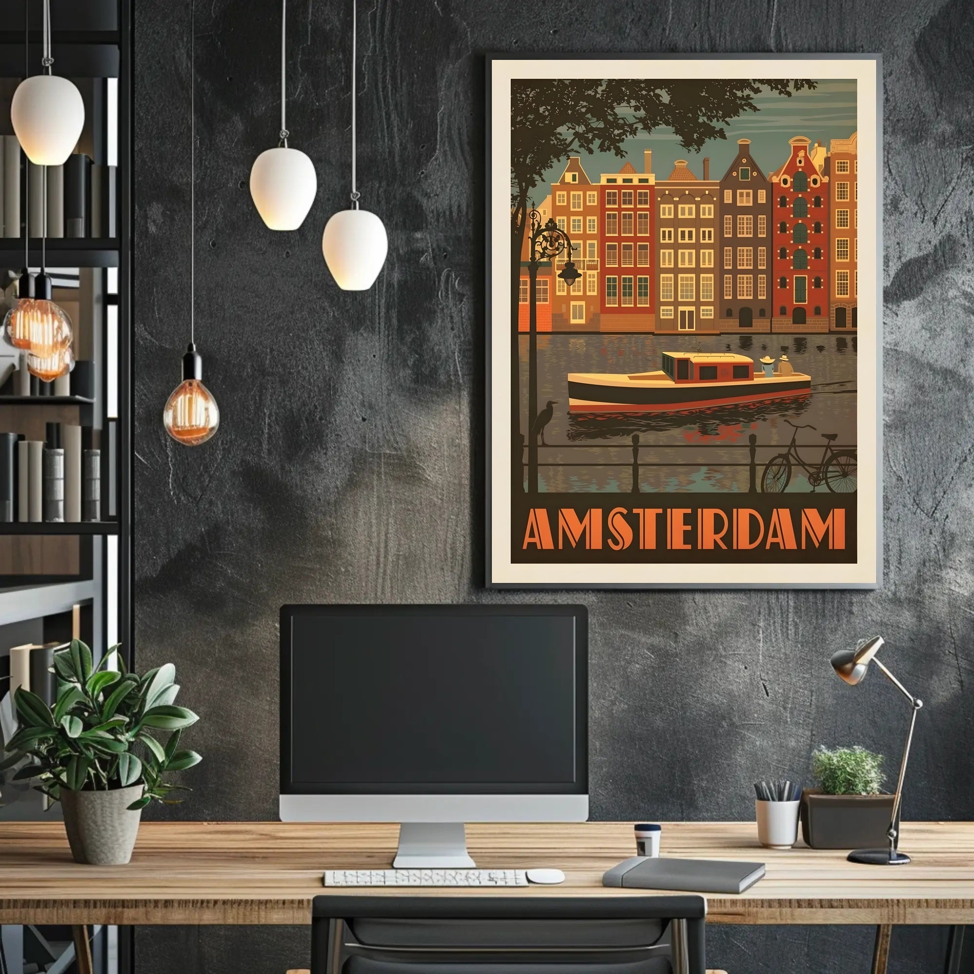 Amsterdam Vintage Travel Poster Depicting Retro Canal Scene PosterGoat
