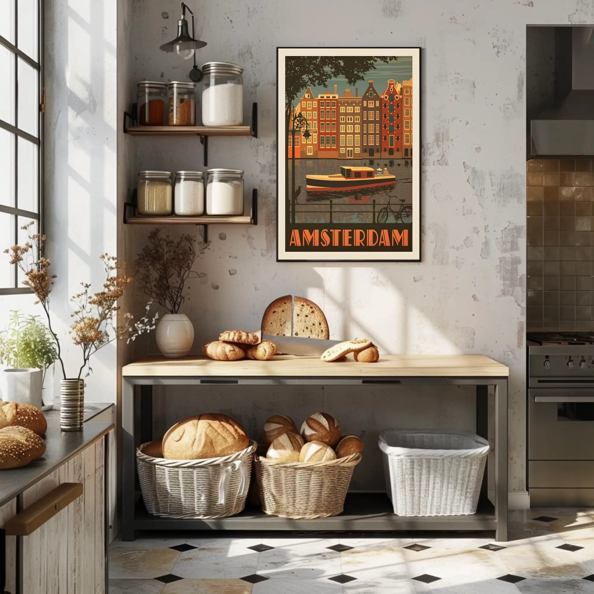 Amsterdam Vintage Travel Poster Depicting Retro Canal Scene PosterGoat