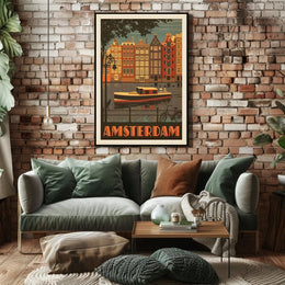 Amsterdam Vintage Travel Poster Depicting Retro Canal Scene PosterGoat