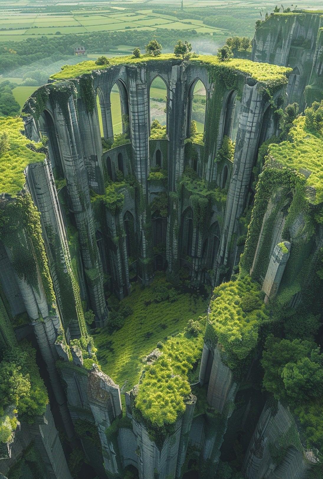 Ancient Gothic Ruins in Verdant Landscape Art Poster PosterGoat