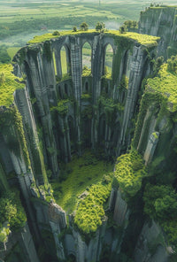 Ancient Gothic Ruins in Verdant Landscape Art Poster PosterGoat