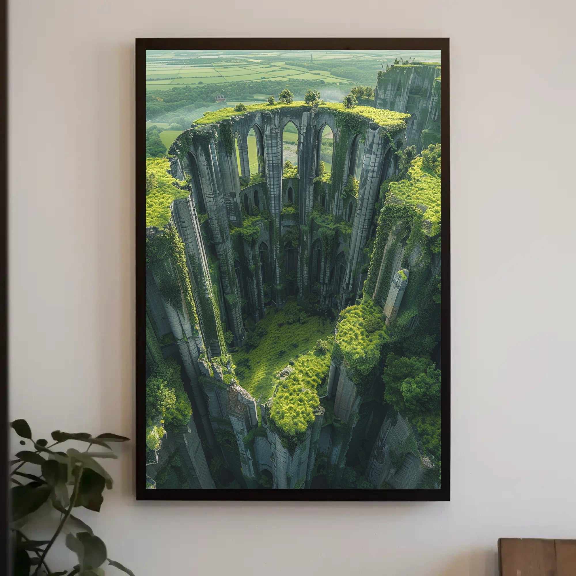 Ancient Gothic Ruins in Verdant Landscape Art Poster PosterGoat