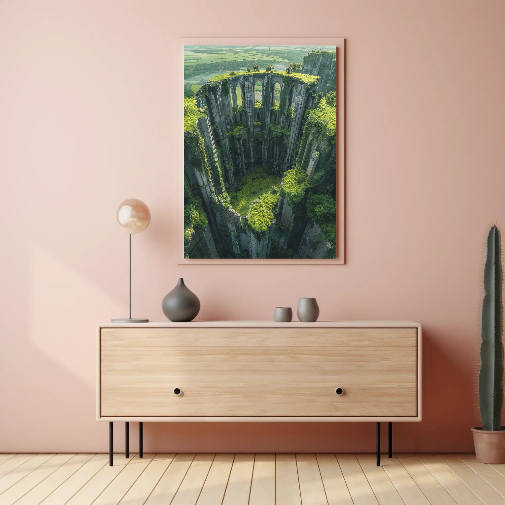 Ancient Gothic Ruins in Verdant Landscape Art Poster PosterGoat