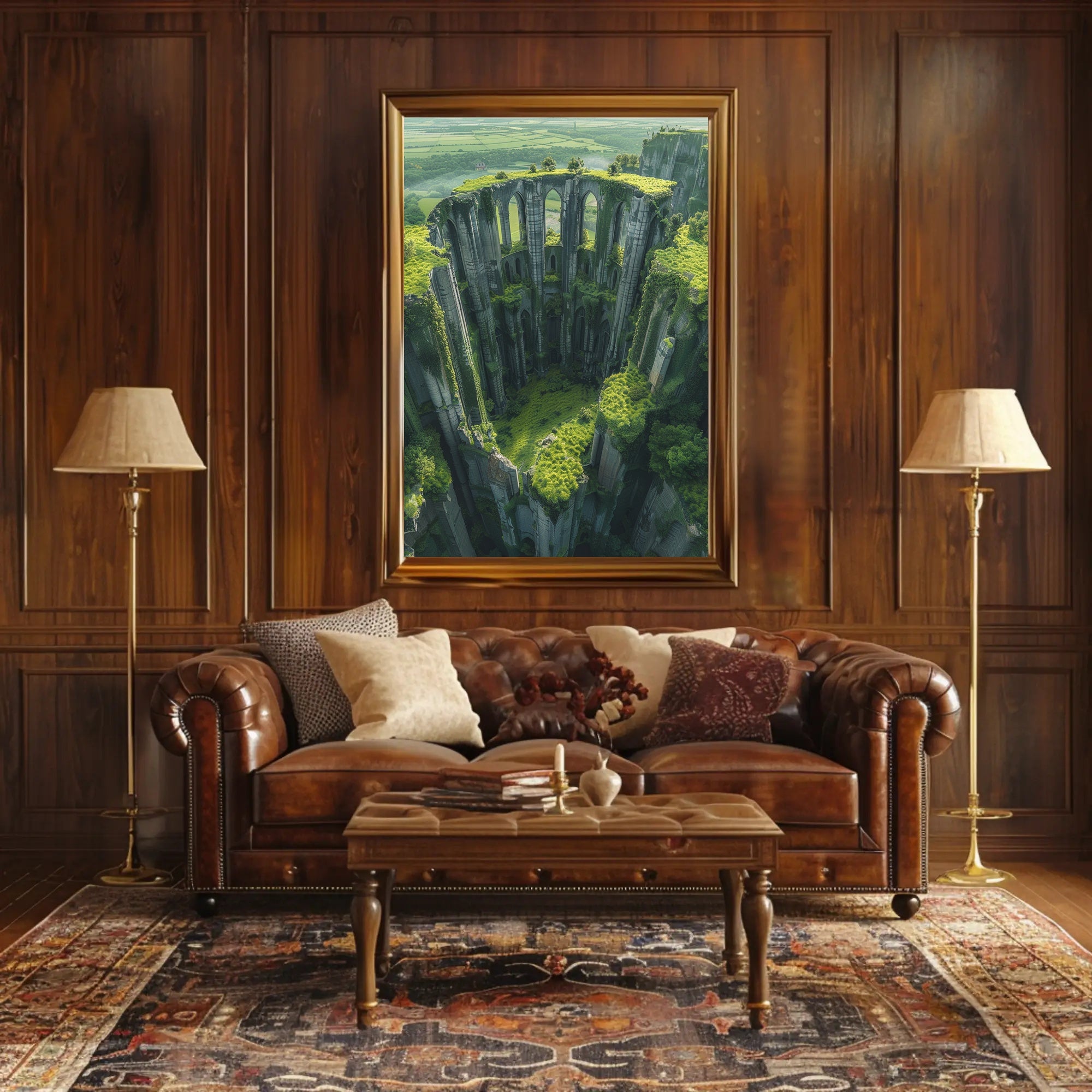 Ancient Gothic Ruins in Verdant Landscape Art Poster PosterGoat