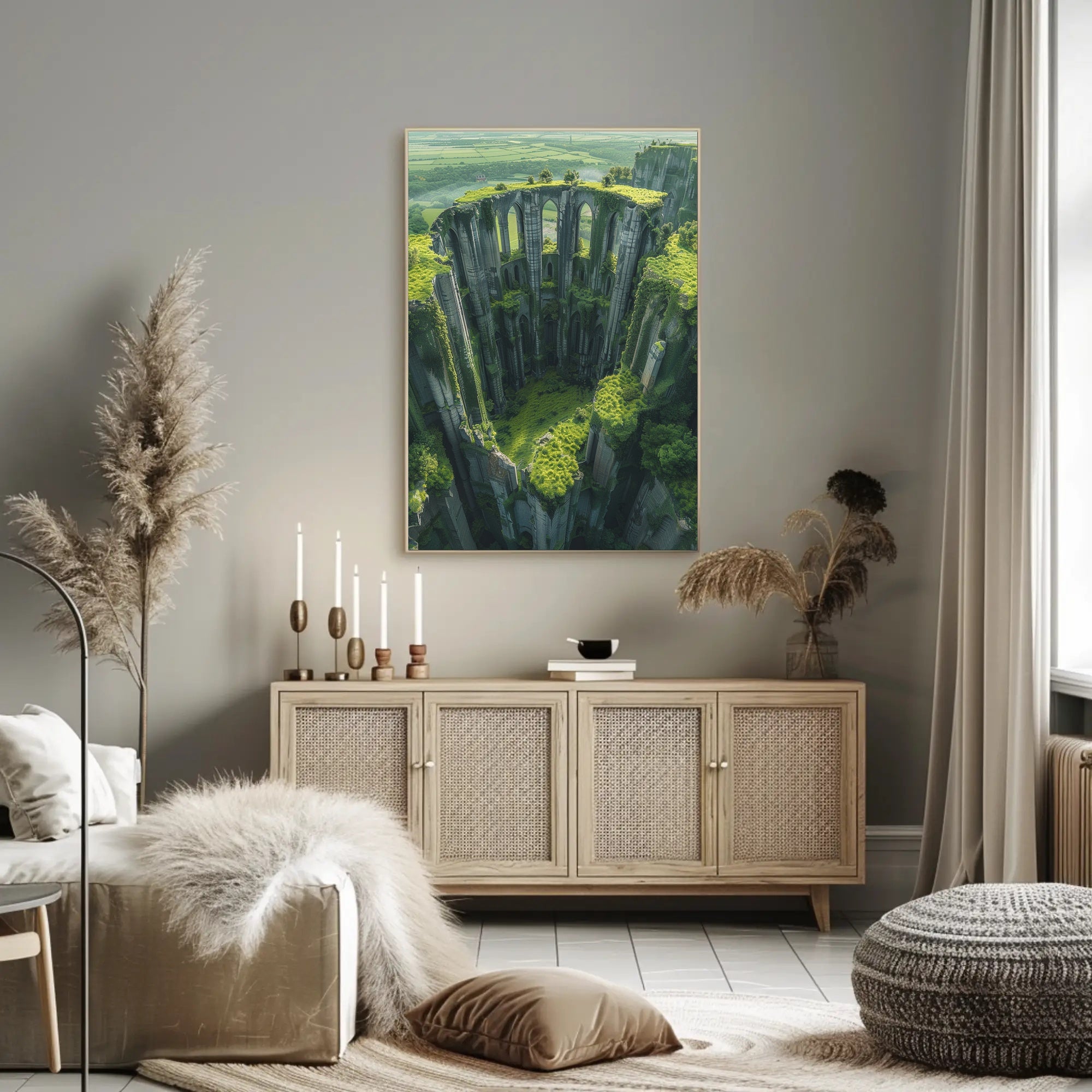 Ancient Gothic Ruins in Verdant Landscape Art Poster PosterGoat