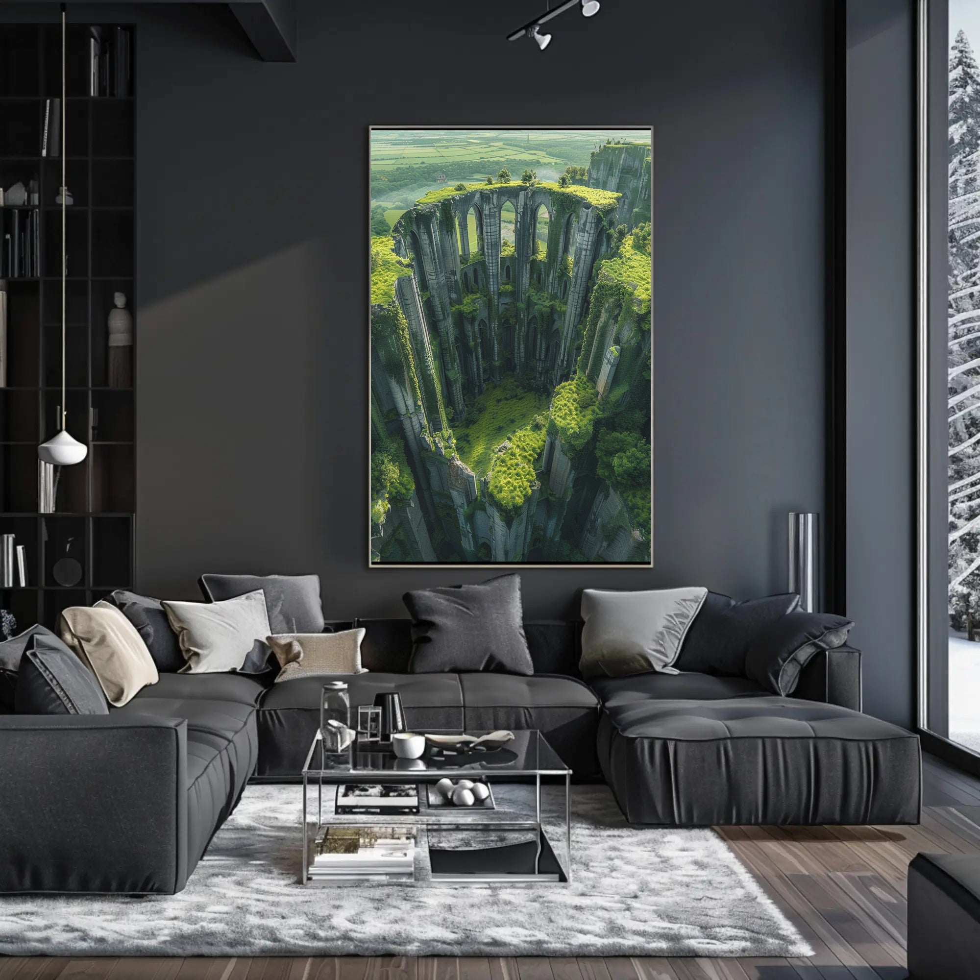 Ancient Gothic Ruins in Verdant Landscape Art Poster PosterGoat