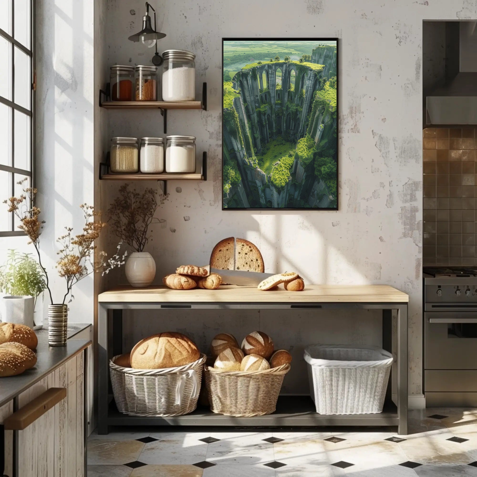 Ancient Gothic Ruins in Verdant Landscape Art Poster PosterGoat